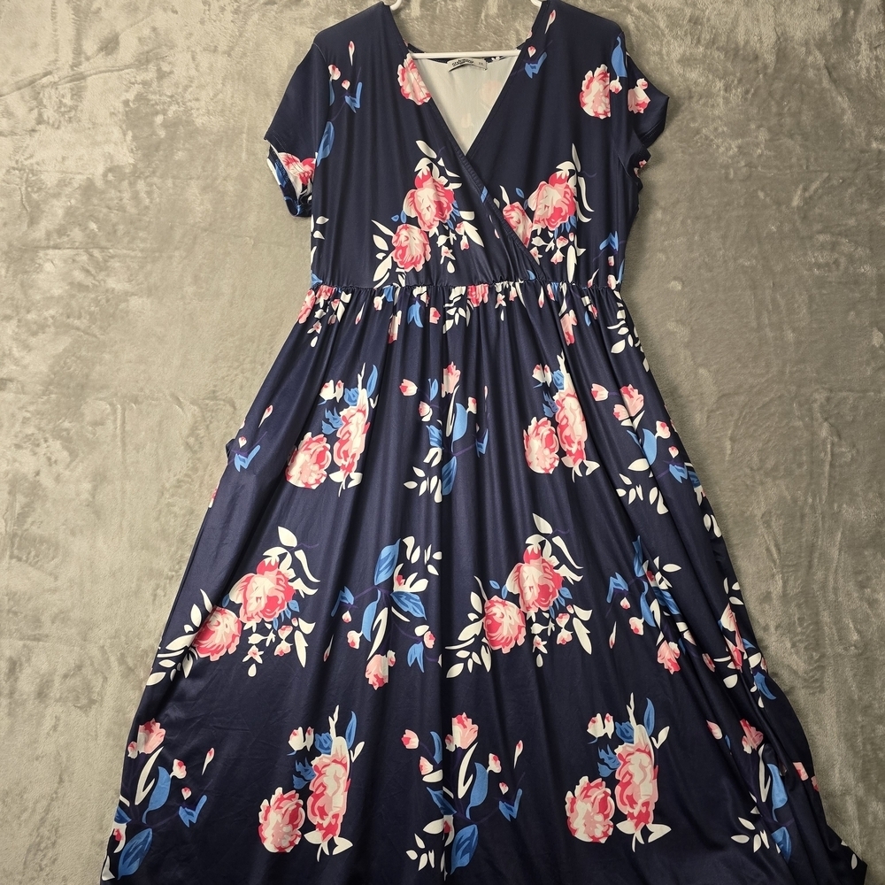 STYLEWORD Women's XXL Navy Blue Floral V-Neck Short Sleeve Casual Swing Dress 